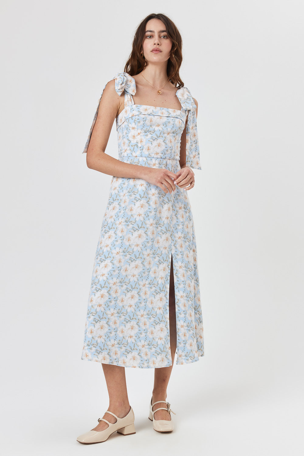 Blue Floral Tie Shoulder Midi Dress Trixxi Wholesale Blue Floral Tie Shoulder Midi Dress Trixxi Wholesale