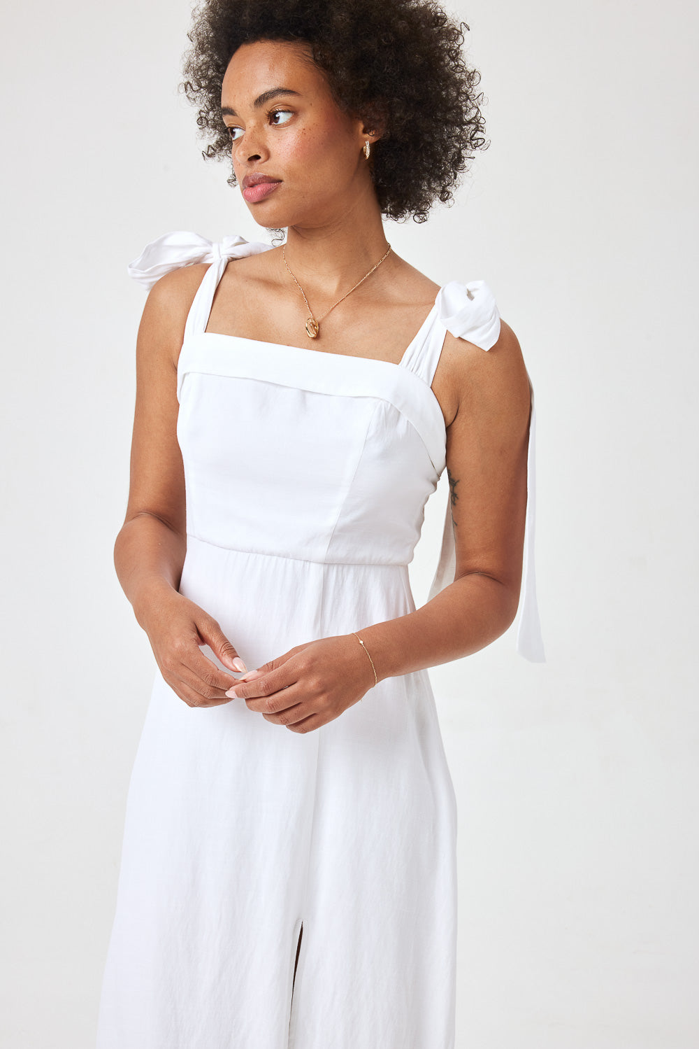 white tie shoulder midi dress Ivory Polka Dot Shoulder Tie Midi Dress