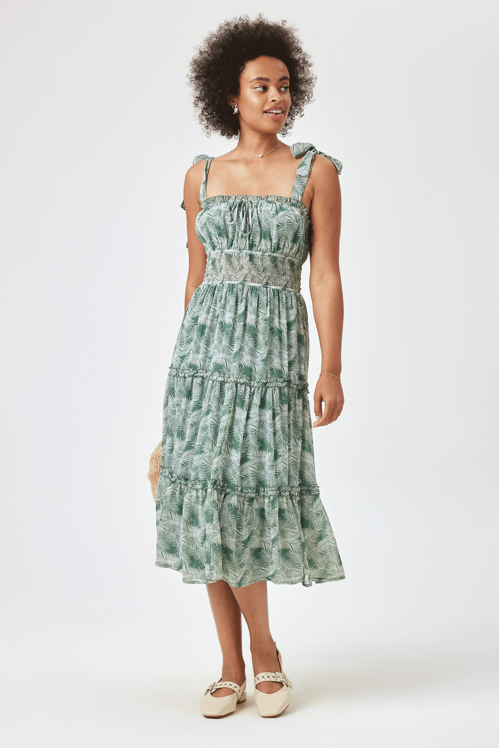 Sage Palm Print Tie Shoulder Midi Dress – Trixxi Wholesale