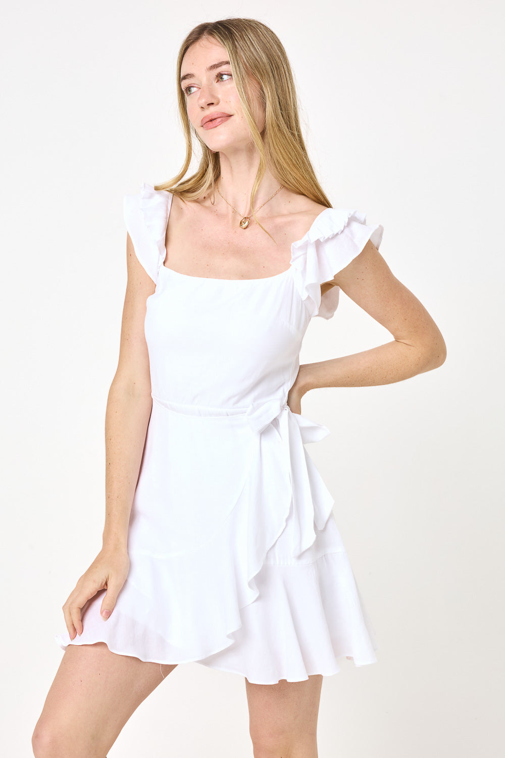 White Ruffle Sleeve Wrap Dress