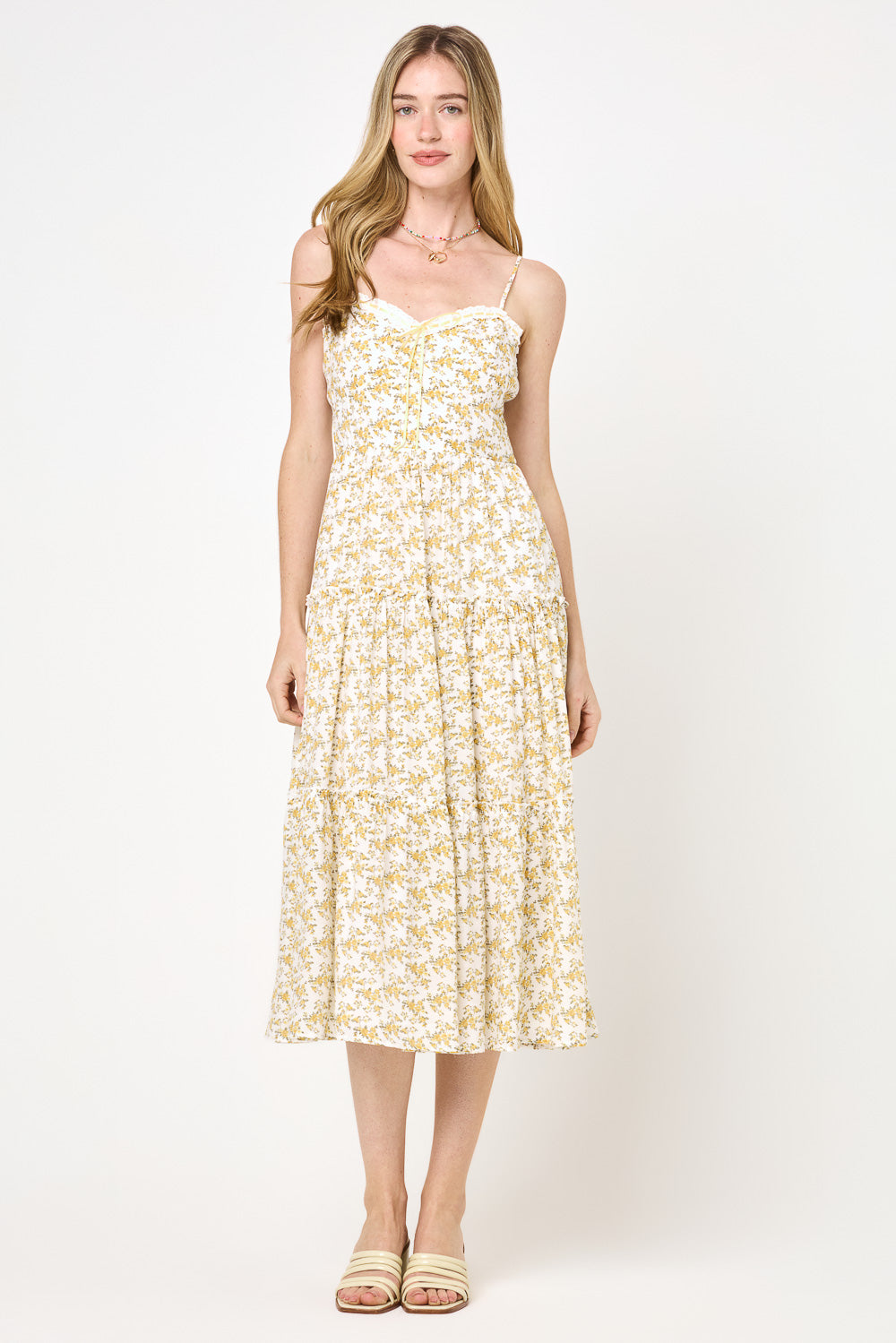 Ivory Yellow Floral Tie Midi Dress – Trixxi Wholesale