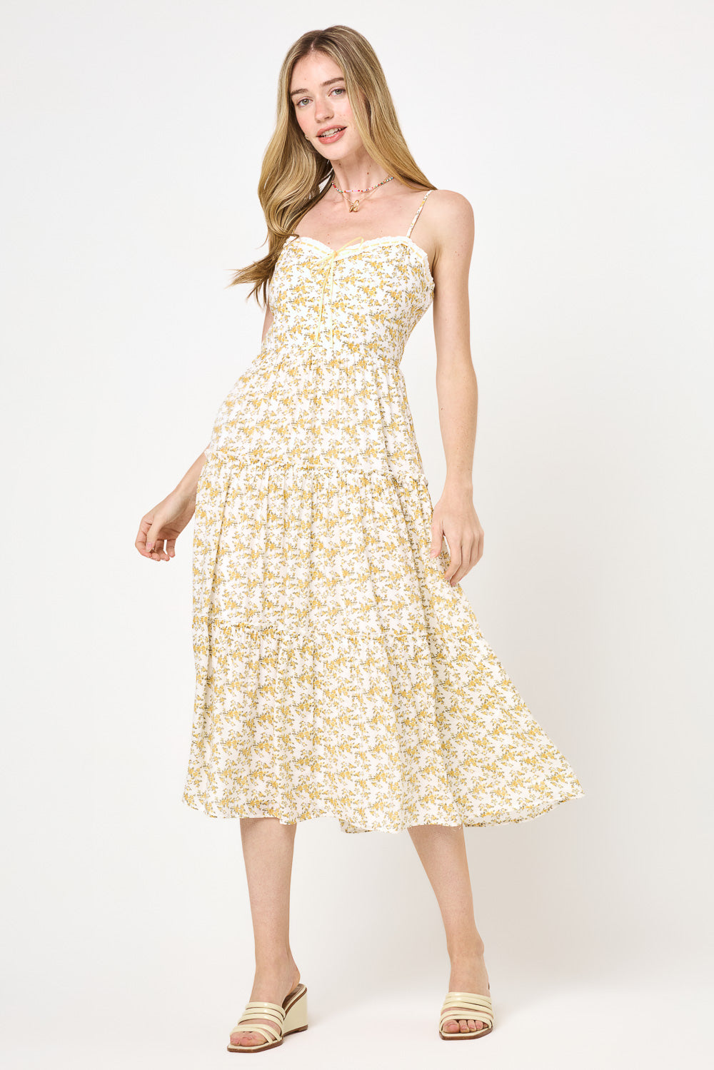 Ivory Yellow Floral Tie Midi Dress