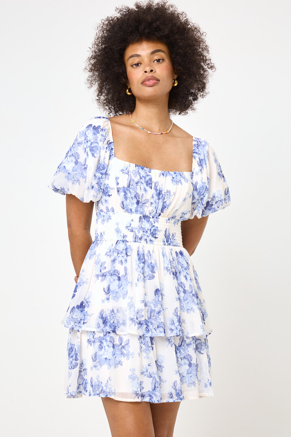 blue dress for baby girl White Blue Floral Puff Sleeve Smocked Dress – Trixxi Wholesale