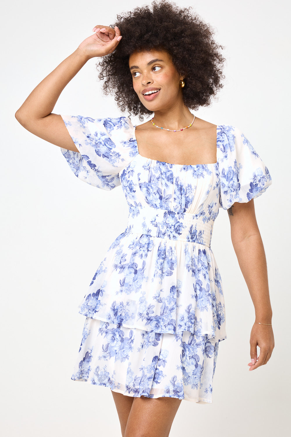 White Blue Floral Puff Sleeve Smocked Dress