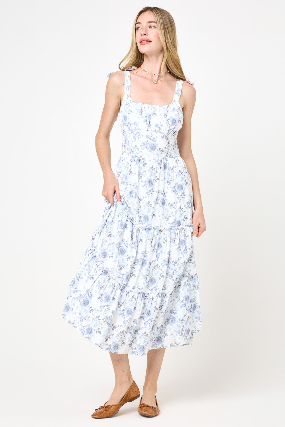 White Blue Floral Tie Shoulder Corset Midi Dress White Blue Floral Tie Shoulder Corset Midi Dress