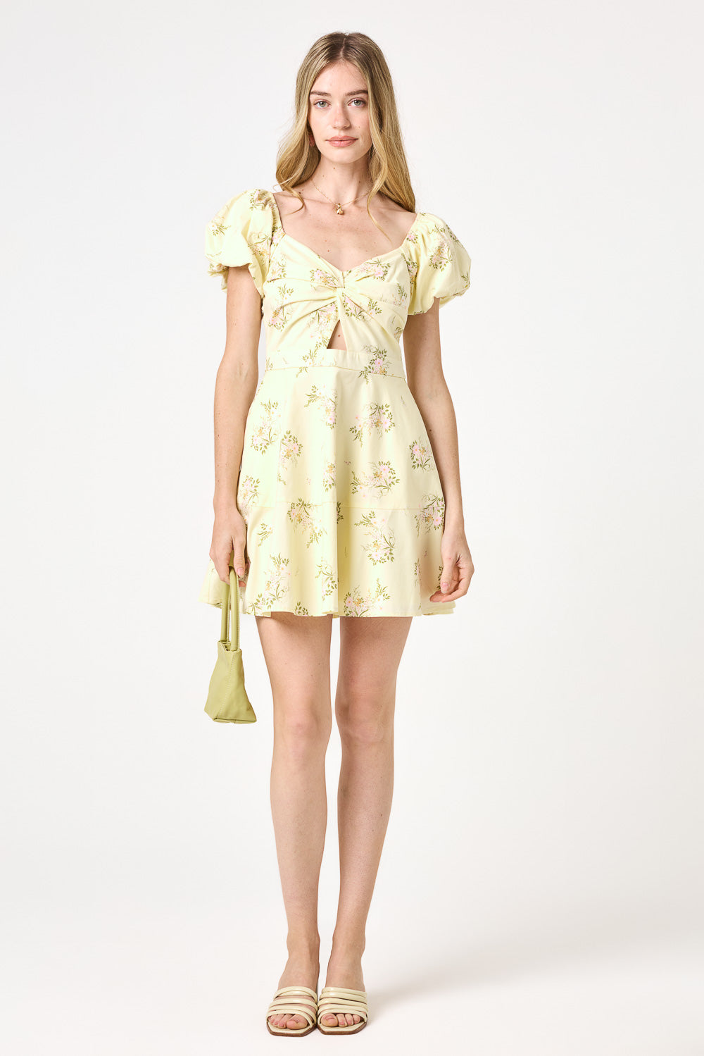Yellow Floral Puff Sleeve Twist Keyhole Dress Trixxi Wholesale Yellow Floral Puff Sleeve Twist Keyhole Dress Trixxi Wholesale