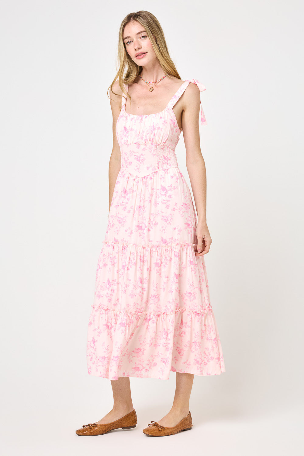 Pink Floral Tie Shoulder Corset Midi Dress – Trixxi Wholesale