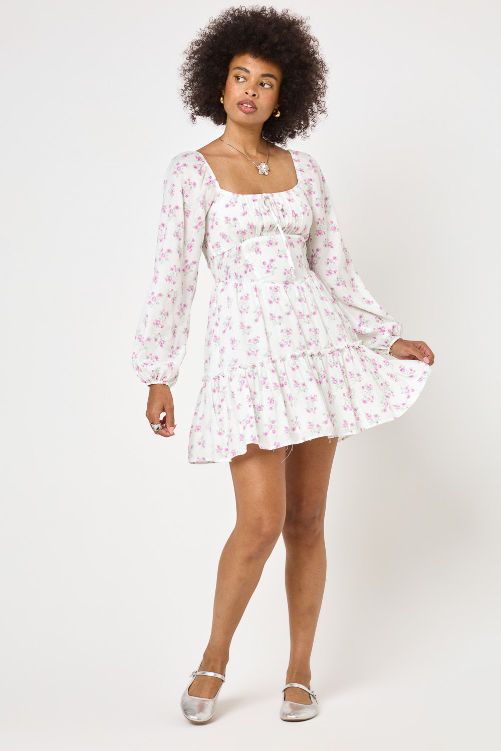 White Pink Floral Long Sleeve Dress
