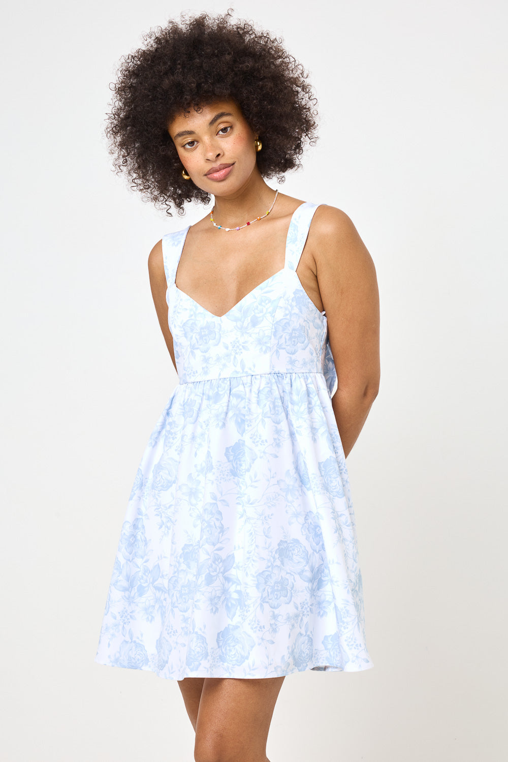 White Blue Back Bow Babydoll Dress