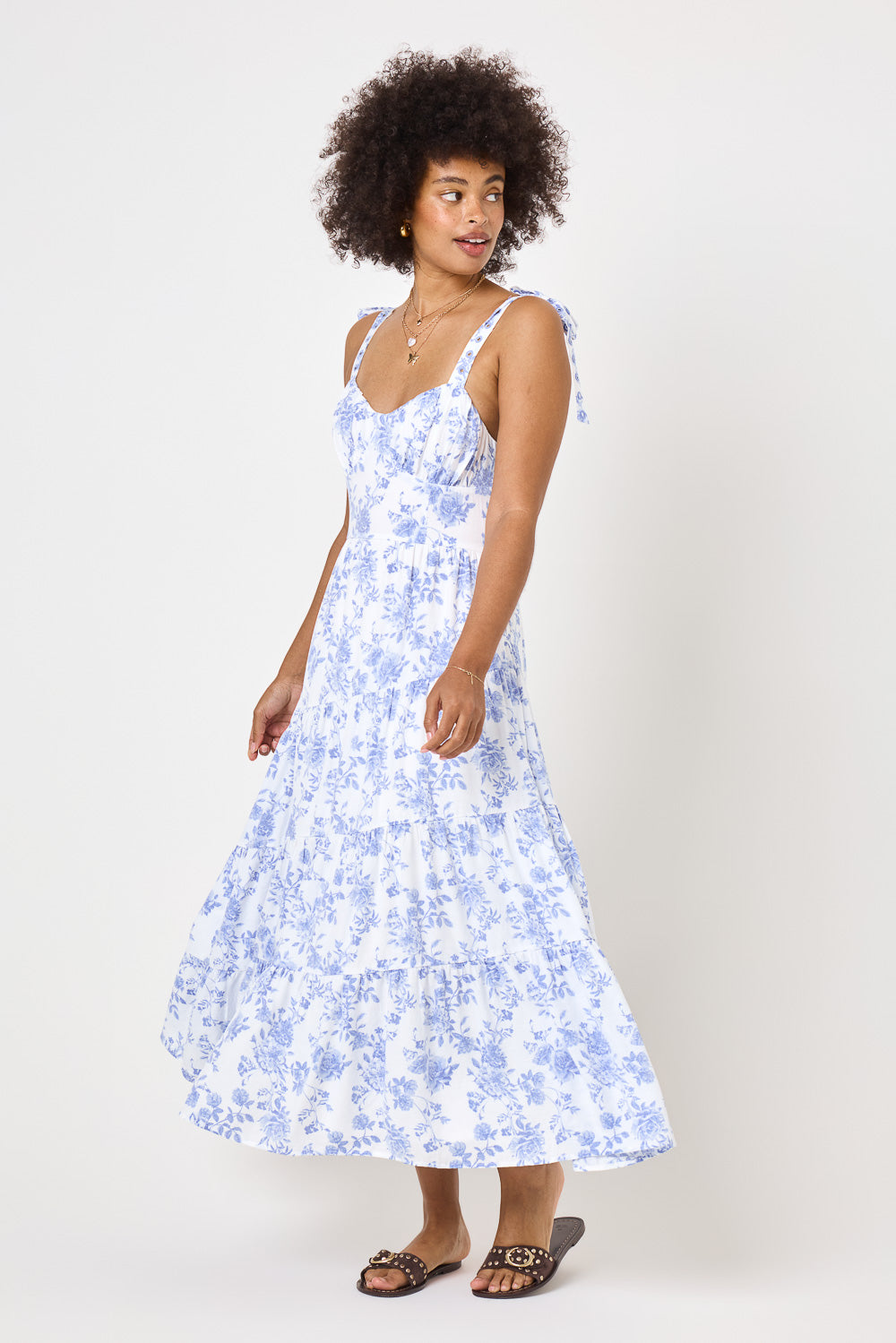 knee length dresses for ladies White Blue Floral Tie Shoulder Spiral Midi Dress – Trixxi Wholesale