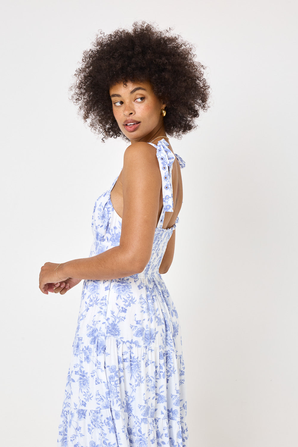 White Blue Floral Tie Shoulder Spiral Midi Dress White Blue Floral Tie Shoulder Spiral Midi Dress