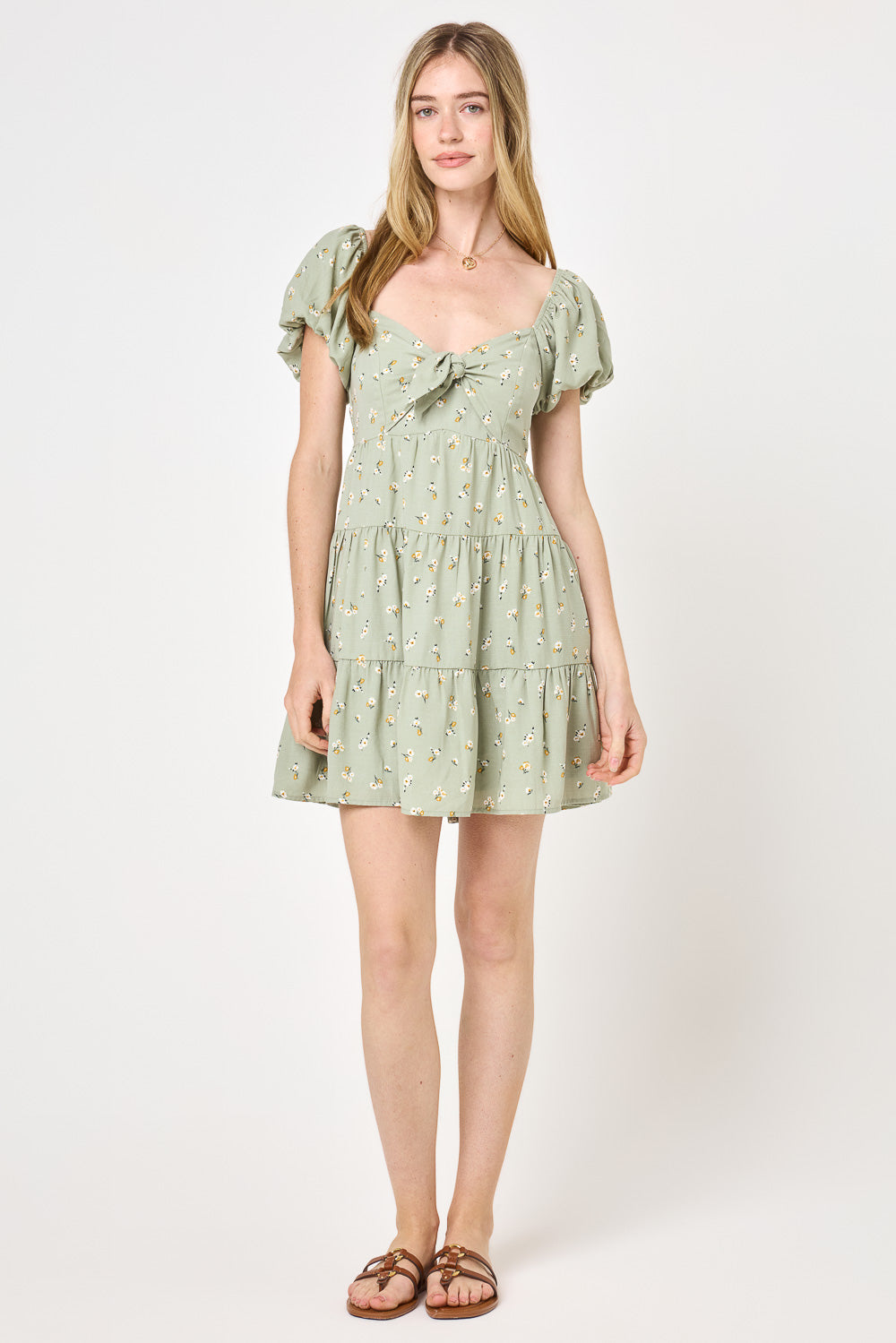 Green Floral Puff Sleeve Tie Dress – Trixxi Wholesale