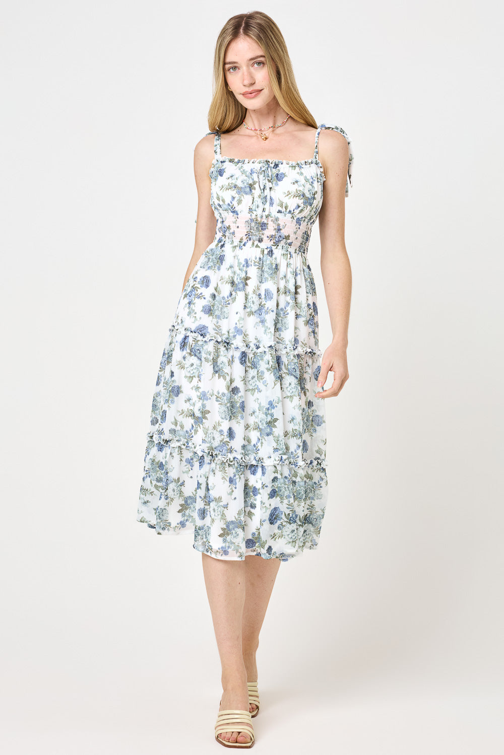 trixxi blue floral dress Ball-Gown Round Neck Short Sleeves Knee-Length Flower Girl Dress with Bowknot, White