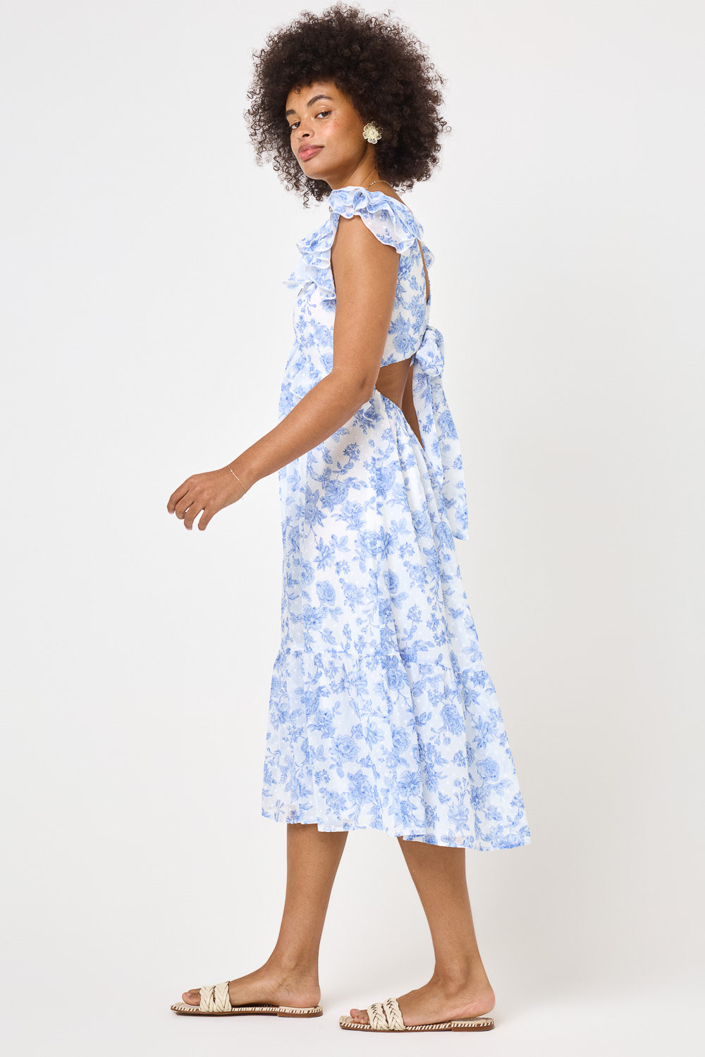 White Blue Floral Ruffle Sleeve Midi Dress Trixxi Wholesale White Blue Floral Ruffle Sleeve Midi Dress Trixxi Wholesale