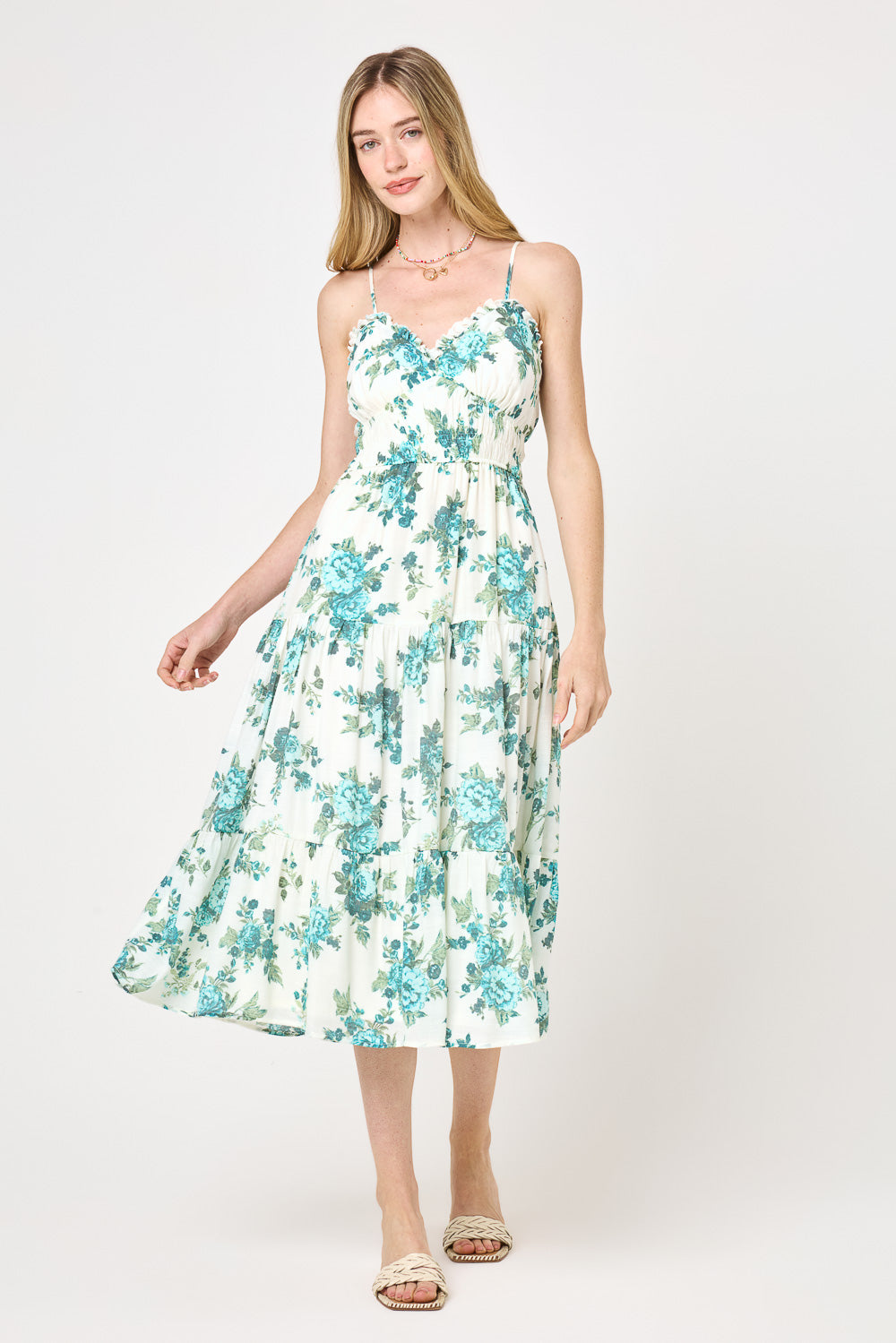 White Green Floral Ruffle Trim Midi Dress – Trixxi Wholesale
