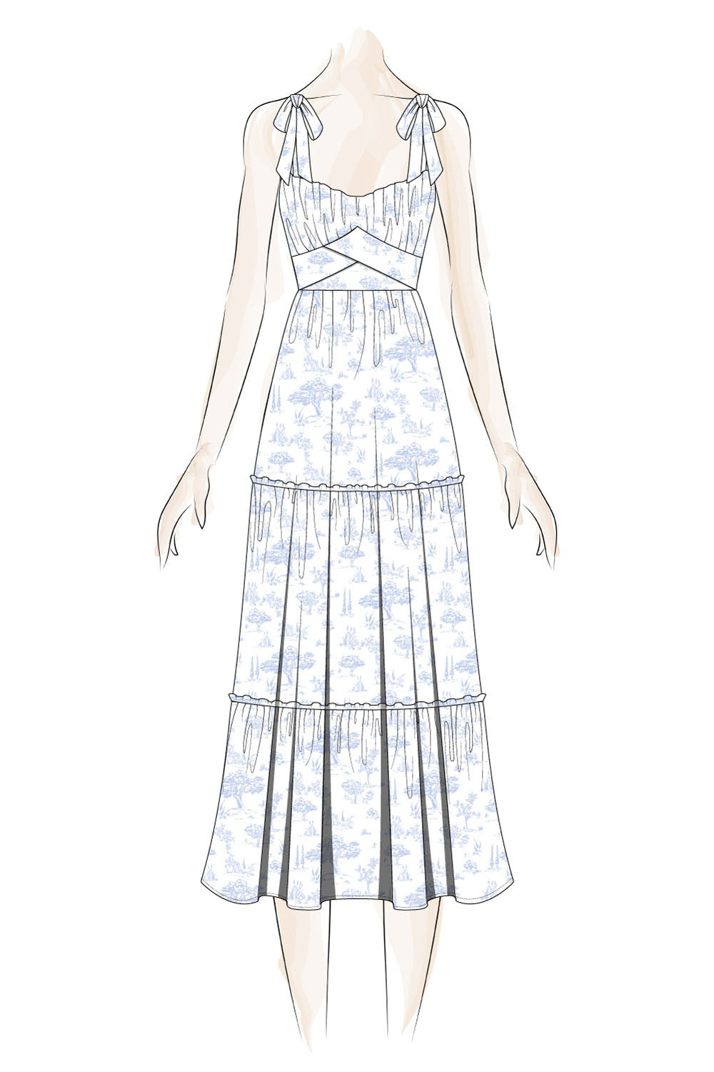 White Blue Toile Tie Shoulder Midi Dress  Trixxi Wholesale