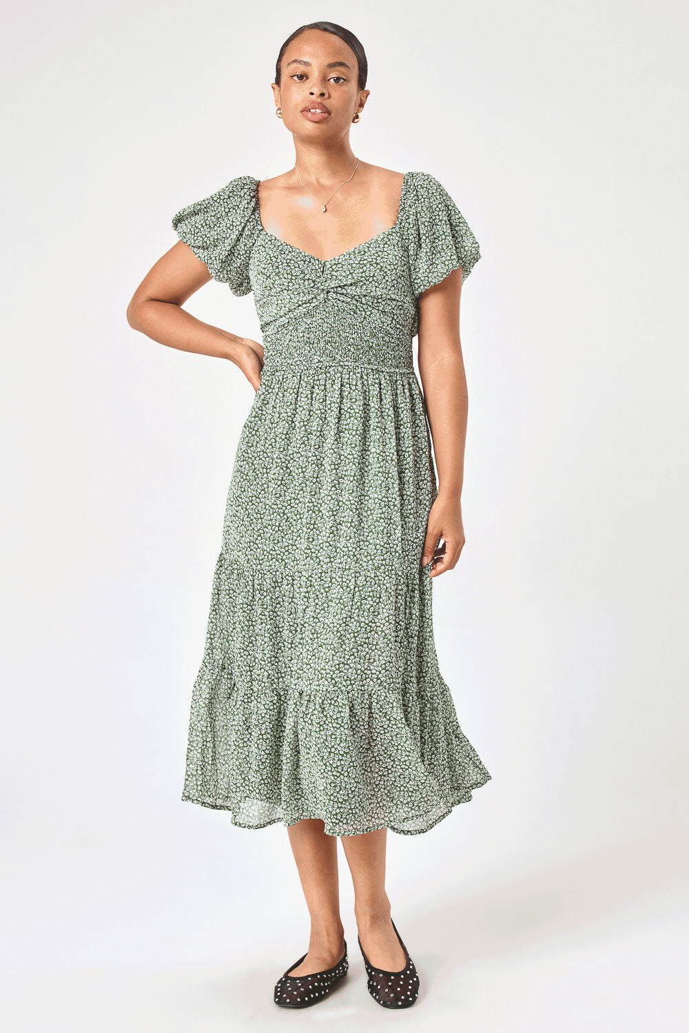 Sage Floral Puff Sleeve Twist Front Midi Dress Sage Floral Puff Sleeve Twist Front Midi Dress
