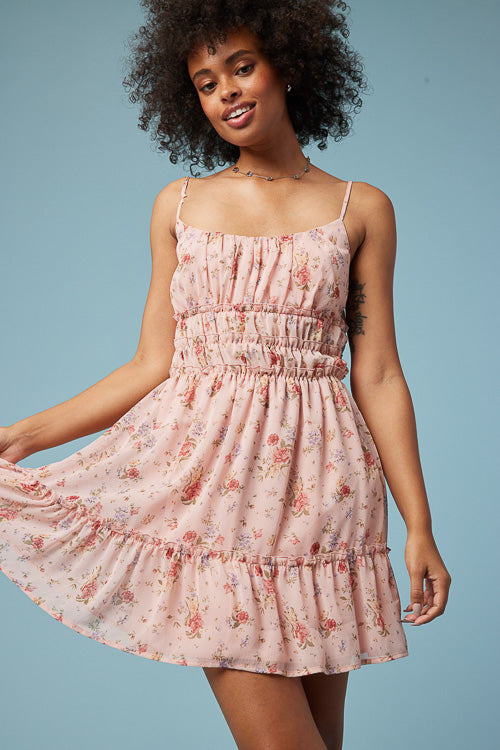 Pink Floral Strappy Tier Dress – Trixxi Clothing