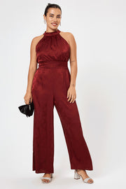 Wine Satin Halter Neck Jumpsuit - Trixxi Clothing