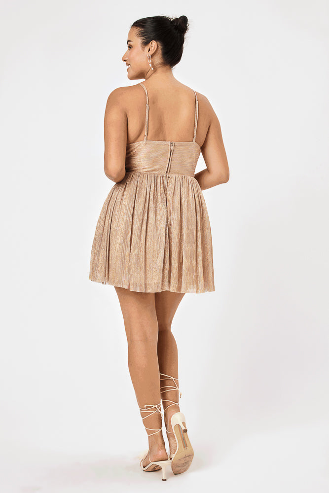 Champagne Metallic Pleated Dress - Trixxi Clothing