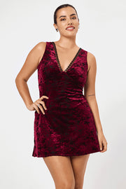 Burgundy Lace Trim Velvet Dress - Trixxi Clothing