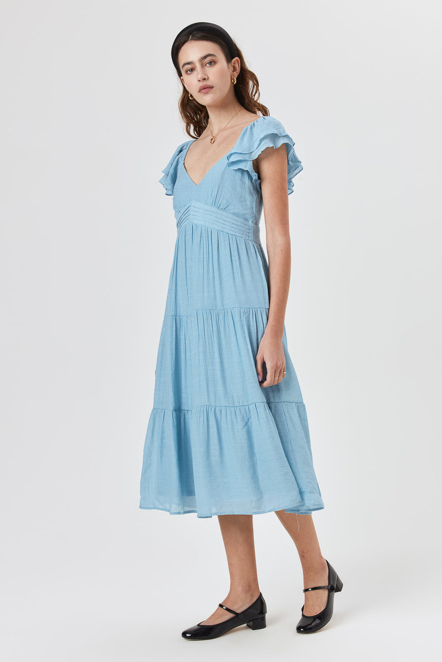 Dusty Blue Double Ruffle Midi Dress - Trixxi Clothing