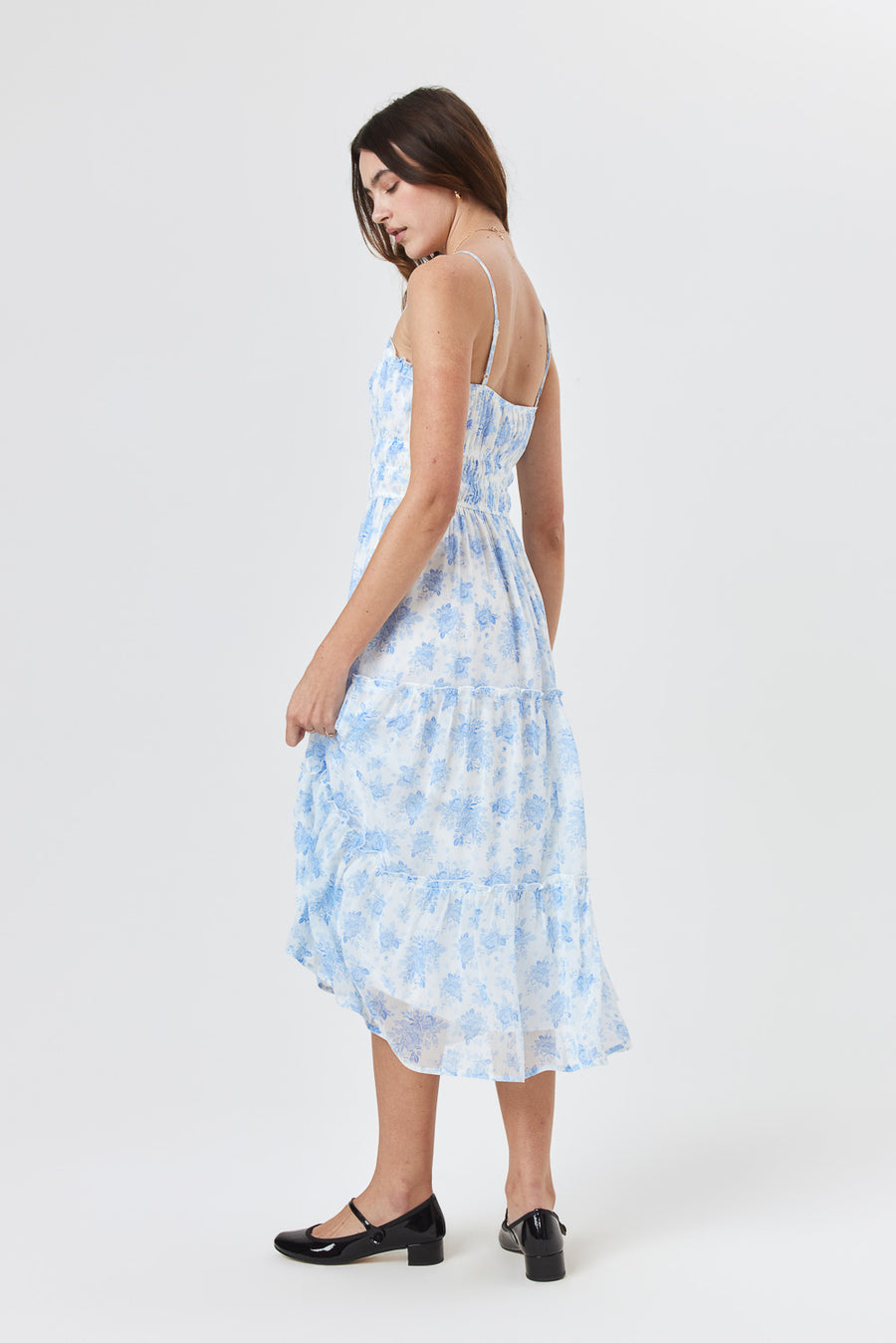 White Blue Floral Emma Tier Midi Dress - Trixxi Clothing