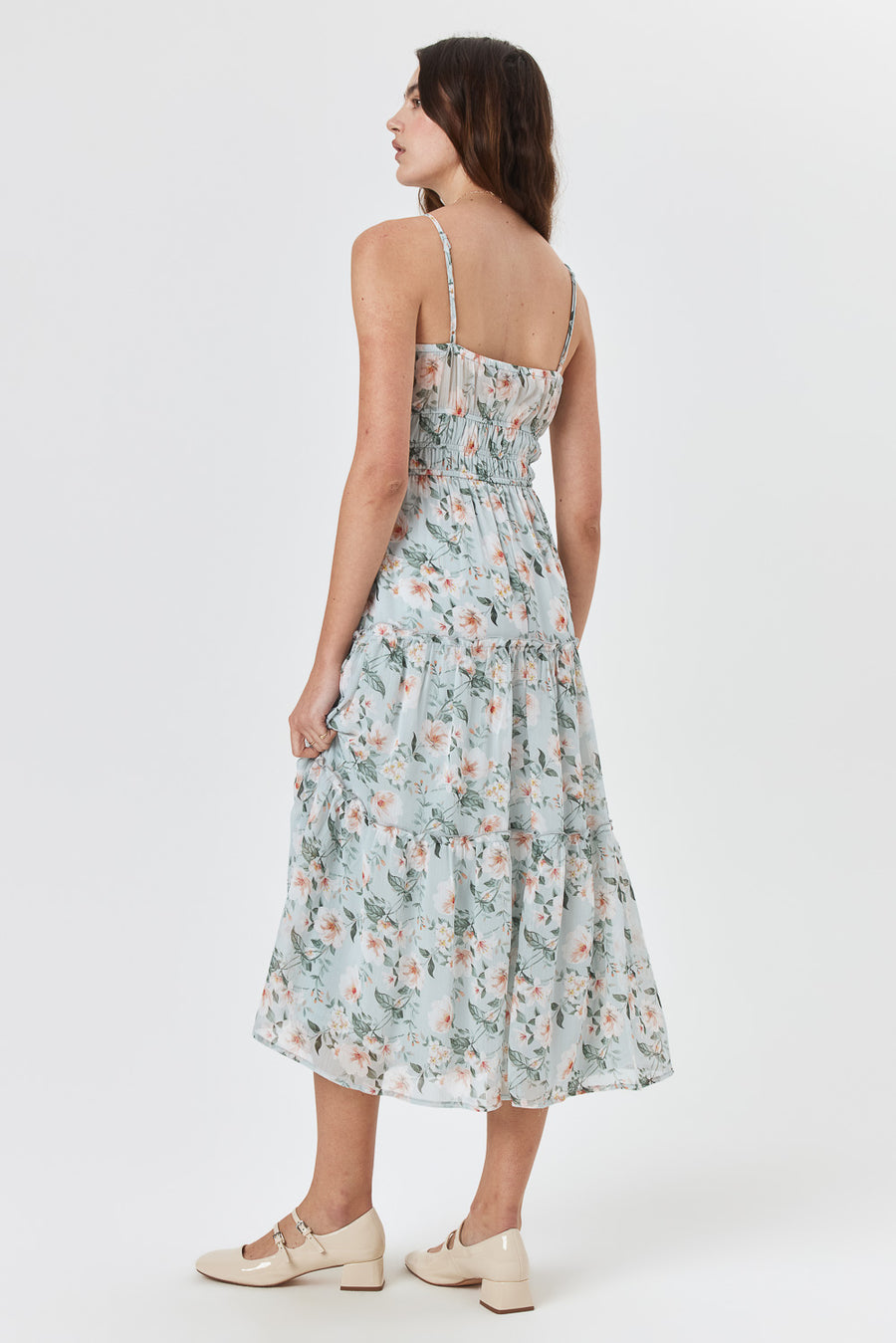 Sage Floral Surplice Tiered Midi Dress - Trixxi Clothing