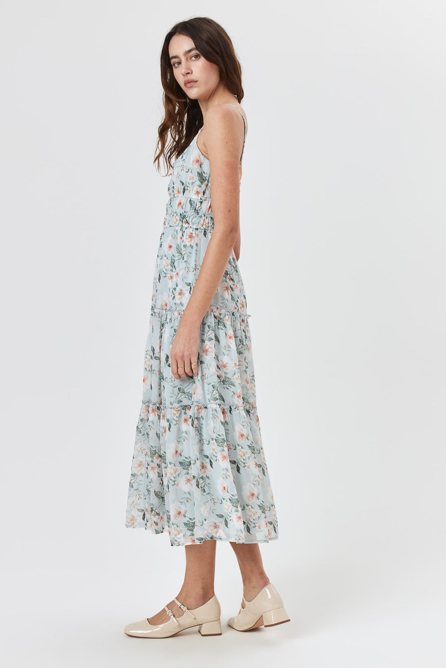 Sage Floral Surplice Tiered Midi Dress - Trixxi Clothing