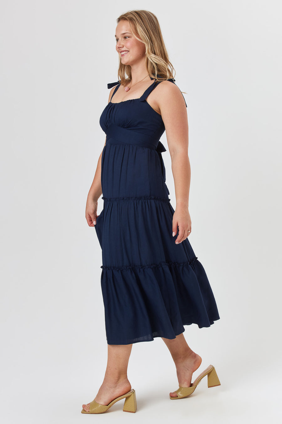 Navy Ruffle Midi Dress - Trixxi Clothing