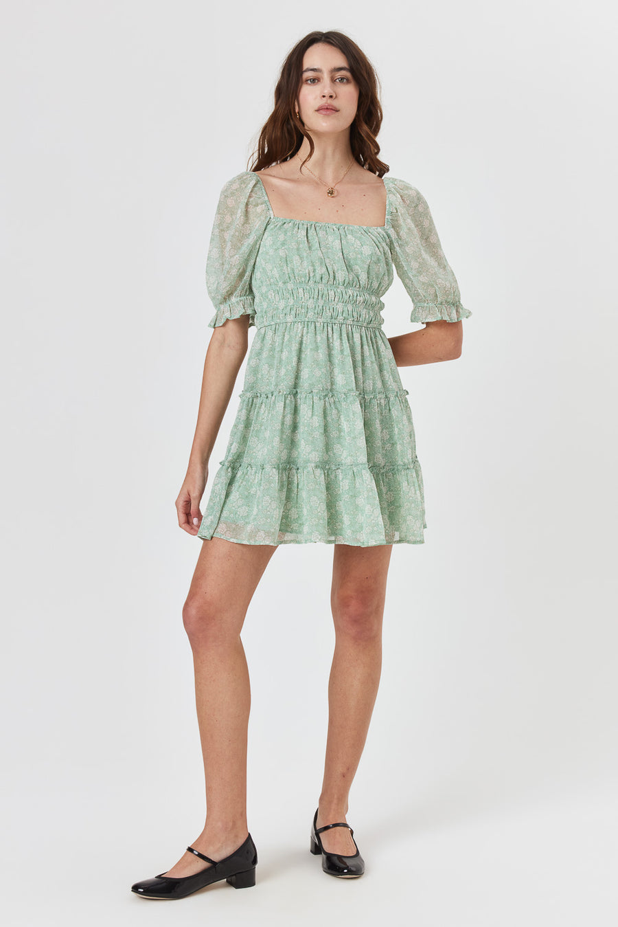 Green Smoke Ruched Waist Tier Dress - Trixxi Clothing