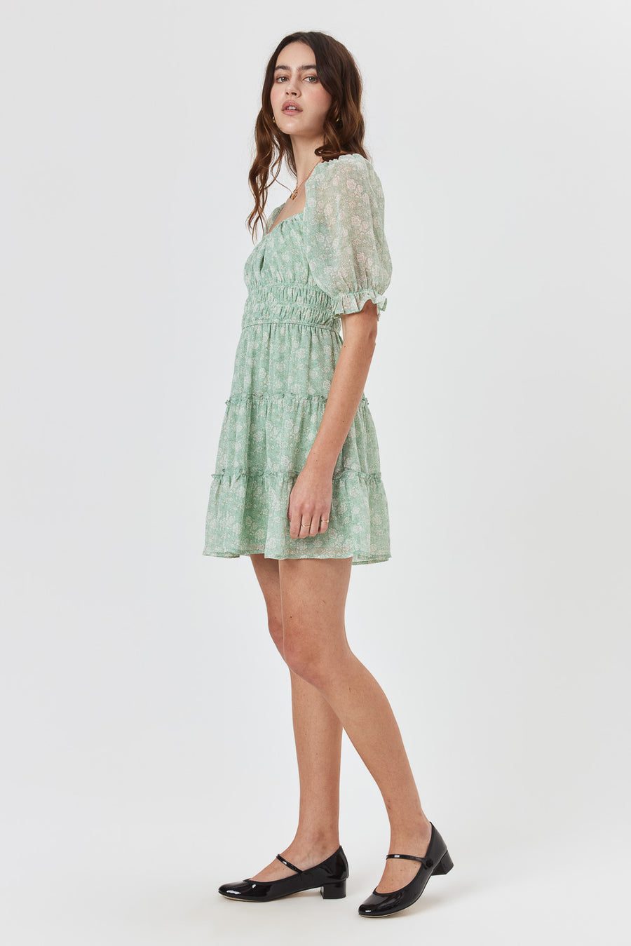 Green Smoke Ruched Waist Tier Dress - Trixxi Clothing