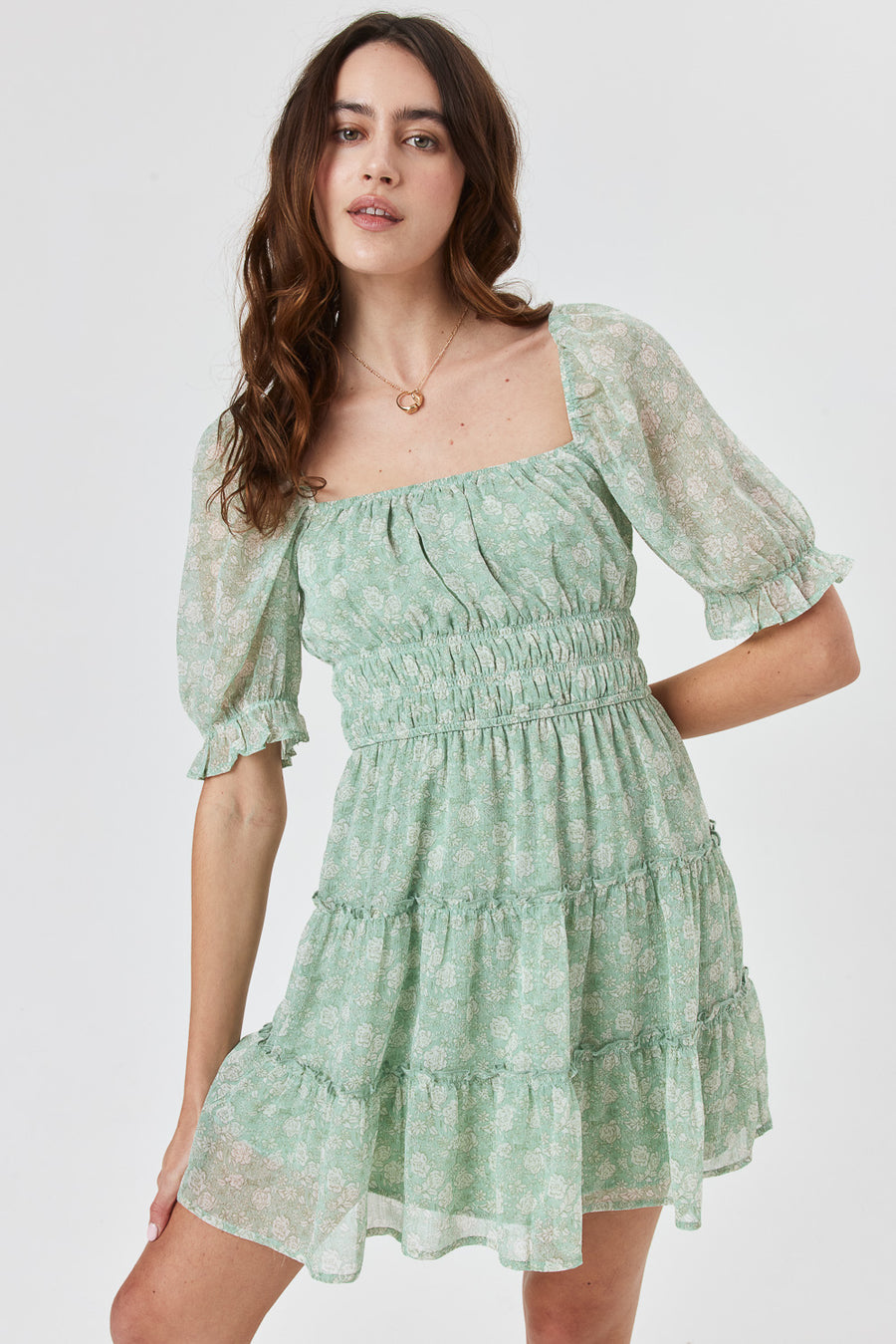 Green Smoke Ruched Waist Tier Dress - Trixxi Clothing