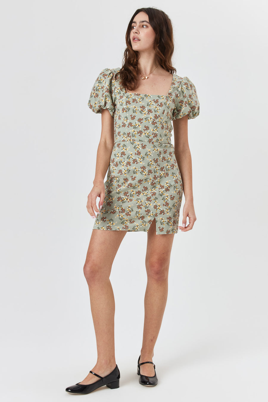 Sage Floral Puff Sleeve Dress - Trixxi Clothing