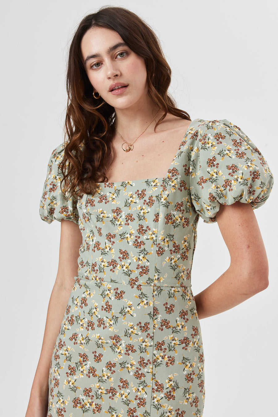 Sage Floral Puff Sleeve Dress - Trixxi Clothing