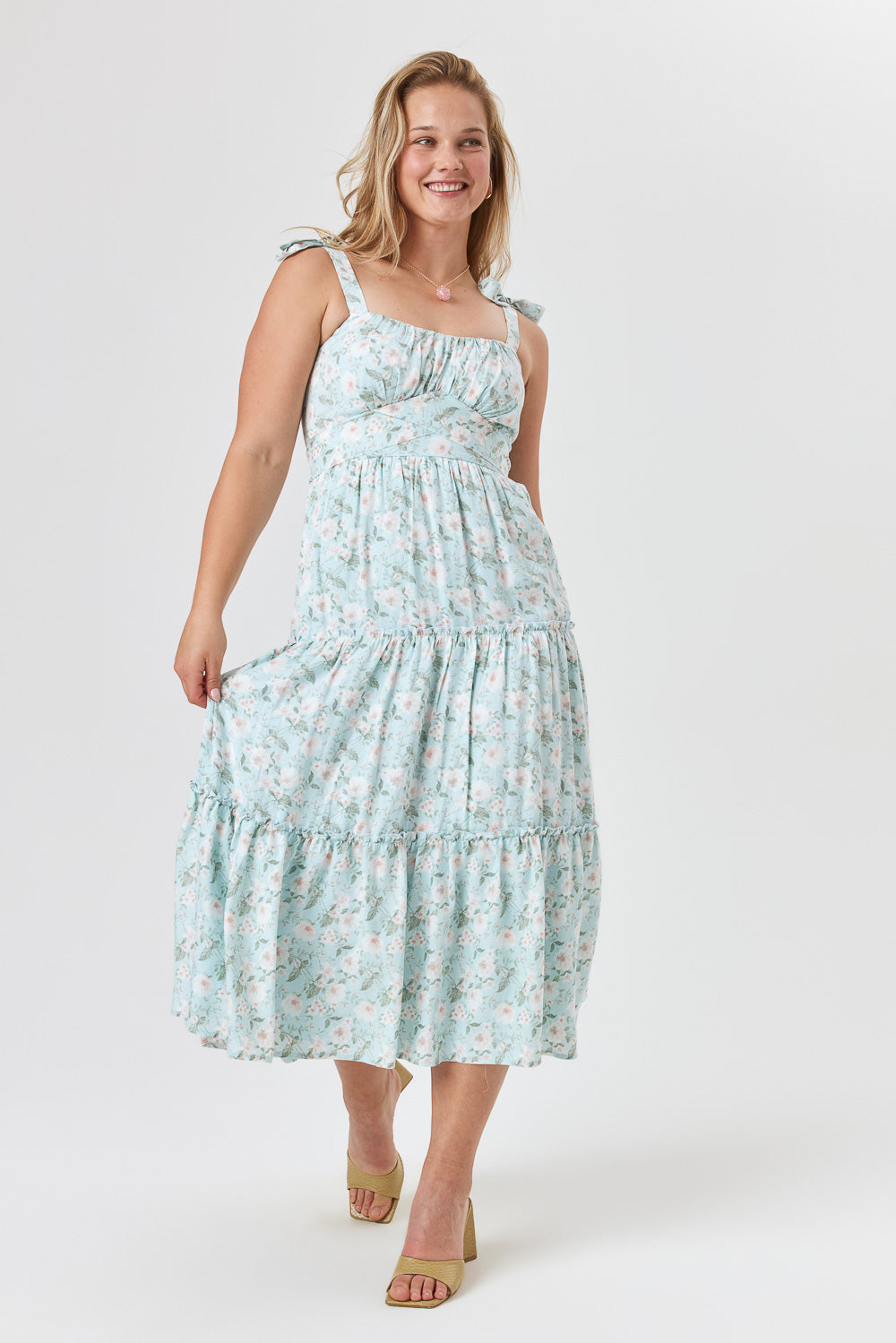 Light Blue Floral Ruffle Midi Dress – Trixxi Clothing