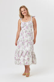 Ivory Purple Floral Ruffle Midi Dress - Trixxi Clothing