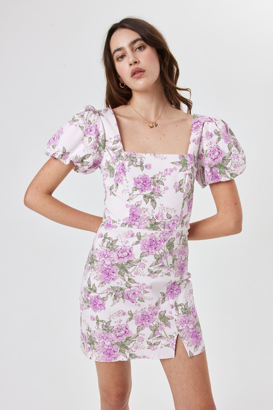 Pink Floral Puff Sleeve Dress - Trixxi Clothing