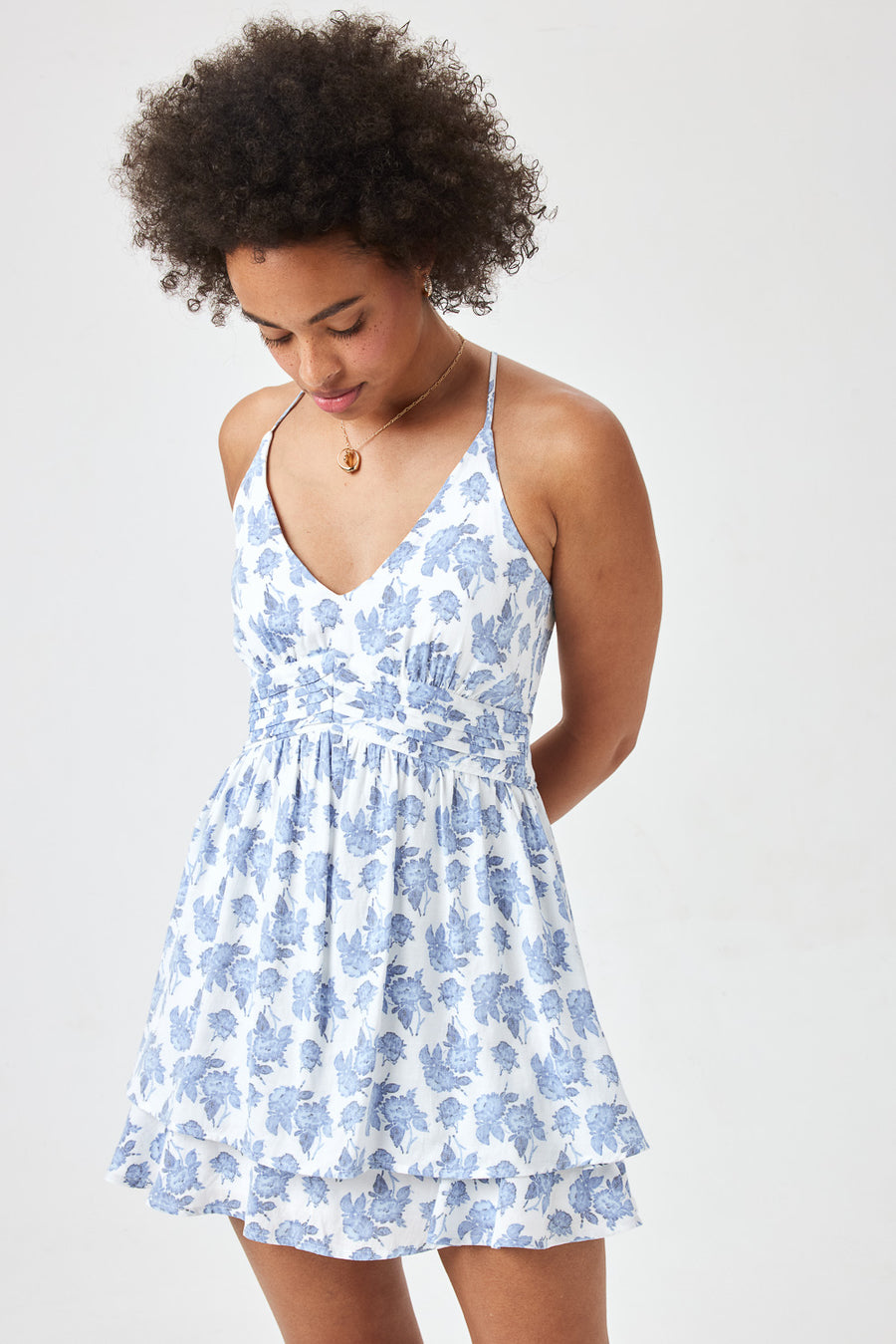 A LINE RUFFLE  DRESS WHTBLUFLOR - Trixxi Clothing