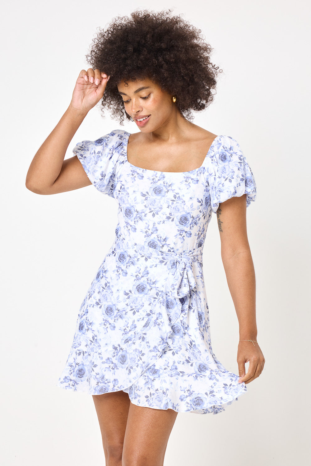 White Blue Floral Puff Sleeve Wrap Dress