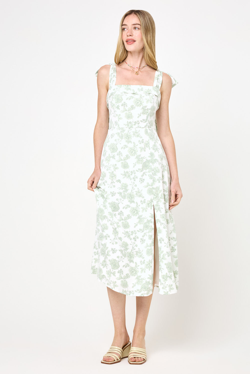 green dress white flowers Floral Tie Shoulder Split Midi She can pair it Prom Dresses Southern Glitz Color:Classic Emerald Velvet / Classic Emerald Tulle Everyday cotton dress