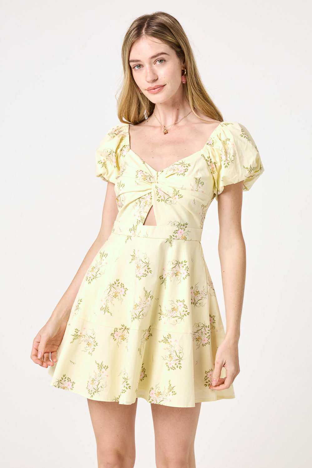 Yellow Floral Puff Sleeve Twist Keyhole Dress