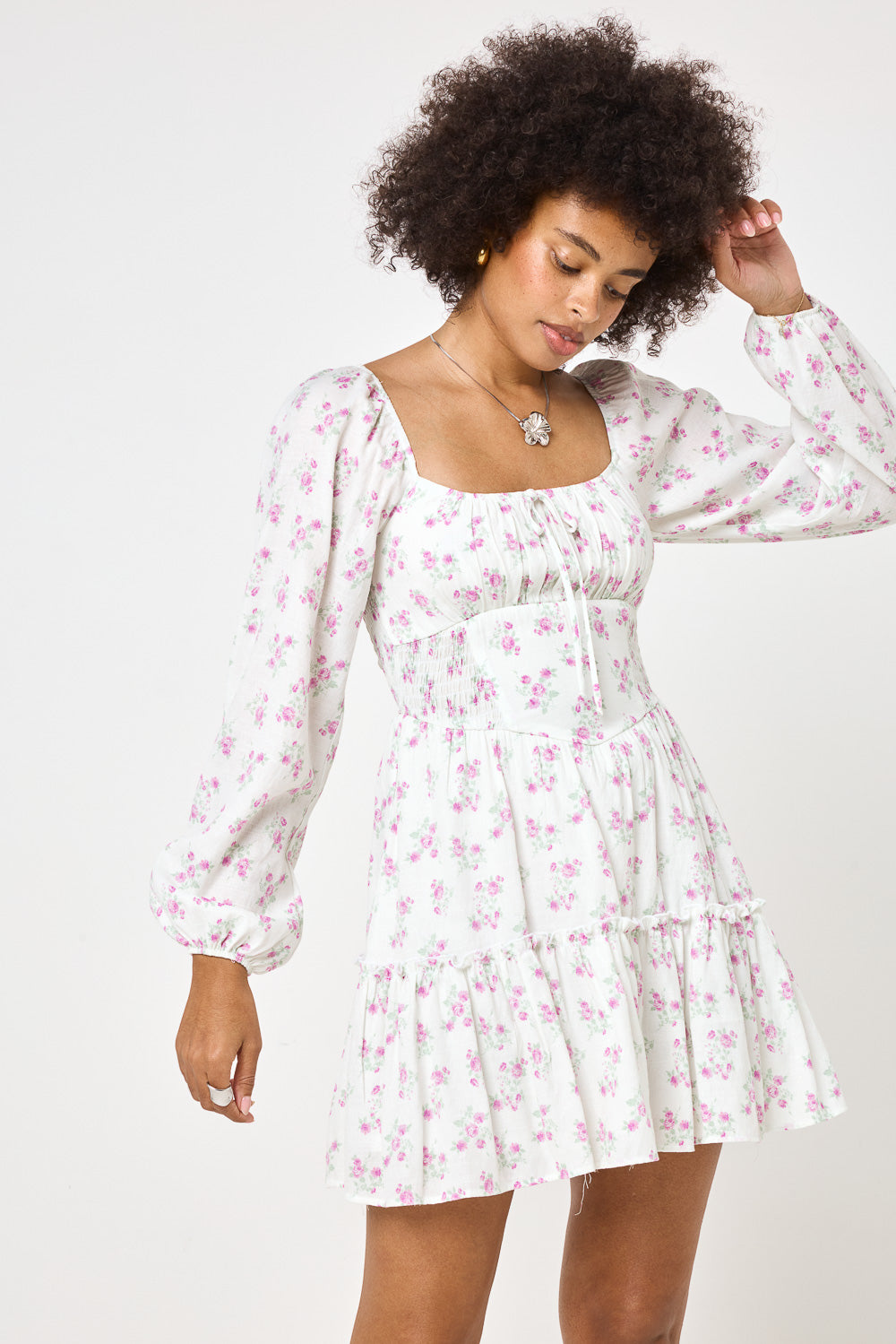 White Pink Floral Long Sleeve Dress