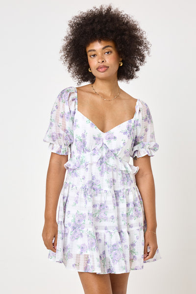 White Purple Floral Puff Sleeve V-Neck Dress – Trixxi Wholesale