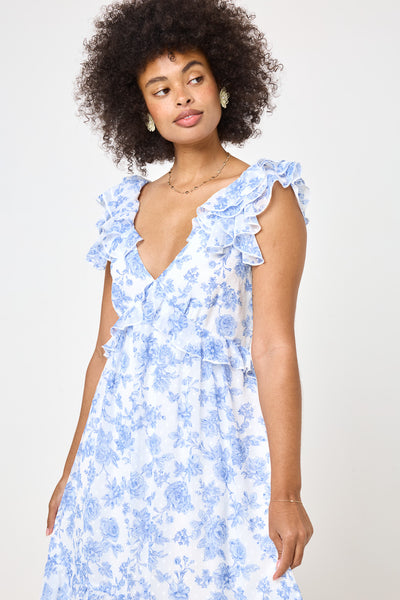 women's blue maxi dress White Blue Floral Ruffle Sleeve Midi Dress – Trixxi Wholesale