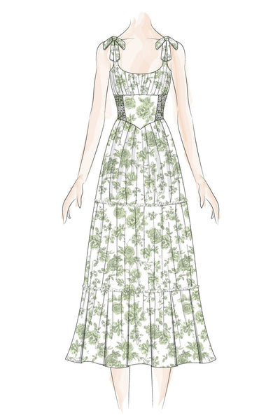 White Green Floral Tie Shoulder Corset Midi Dress