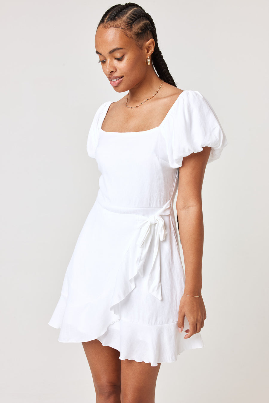 White Puff Sleeve Wrap Dress
