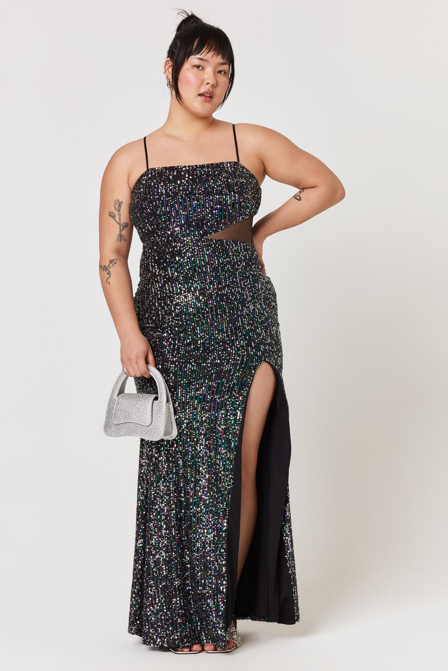 Black Silver Teal Mesh Cut Out Gown - Trixxi Clothing