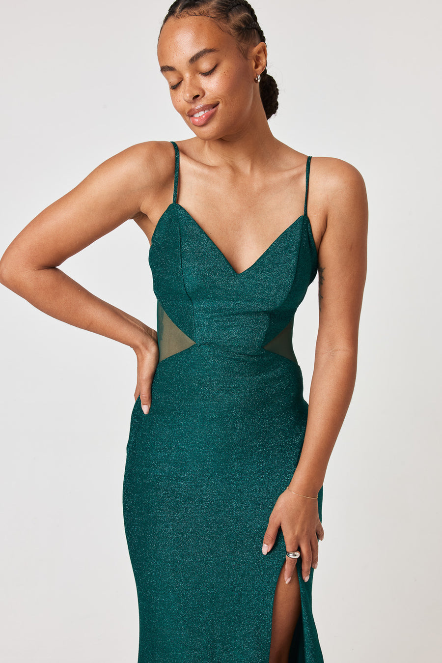 Emerald Mesh Cut Out Gown - Trixxi Clothing