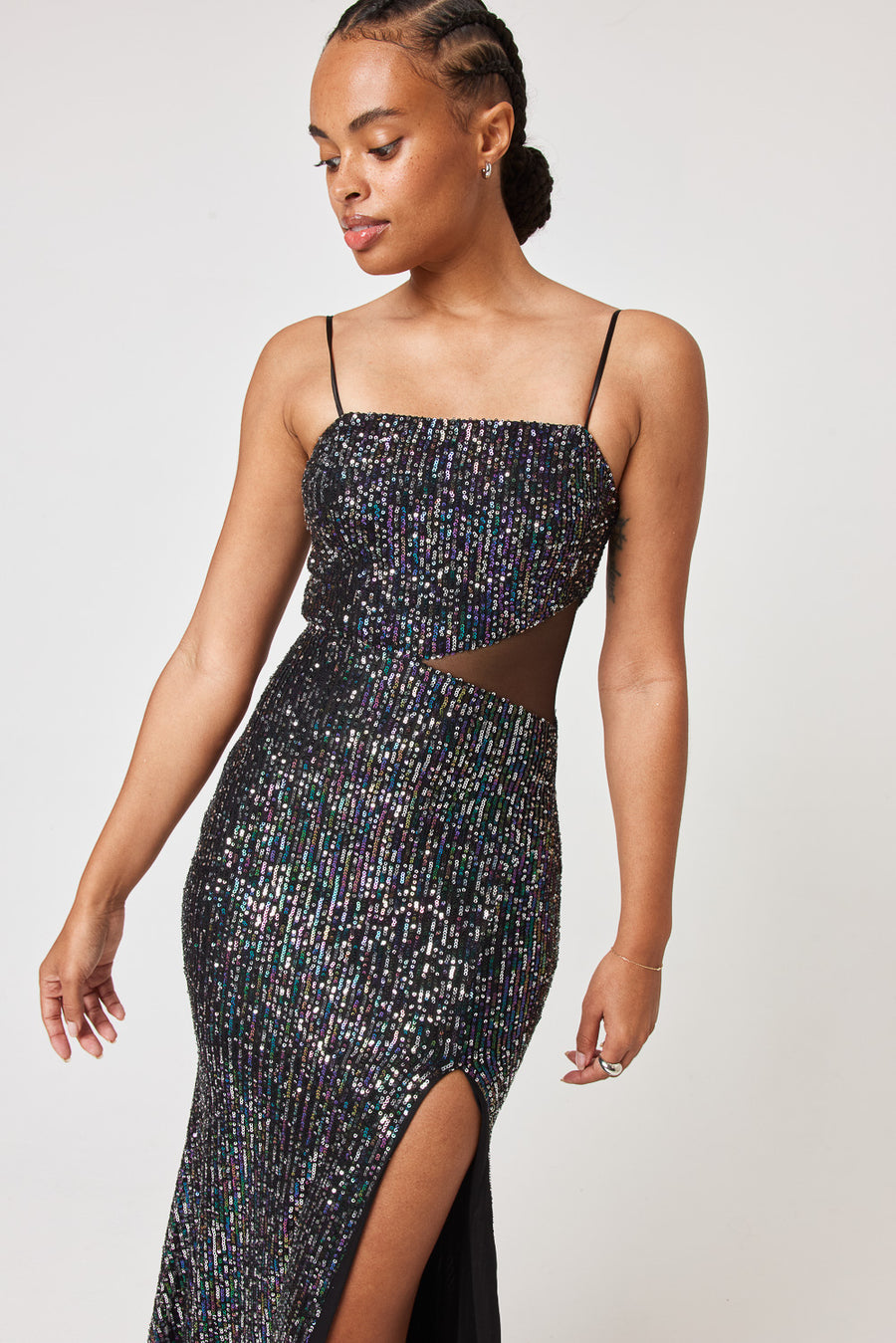 Black Silver Teal Mesh Cut Out Gown - Trixxi Clothing